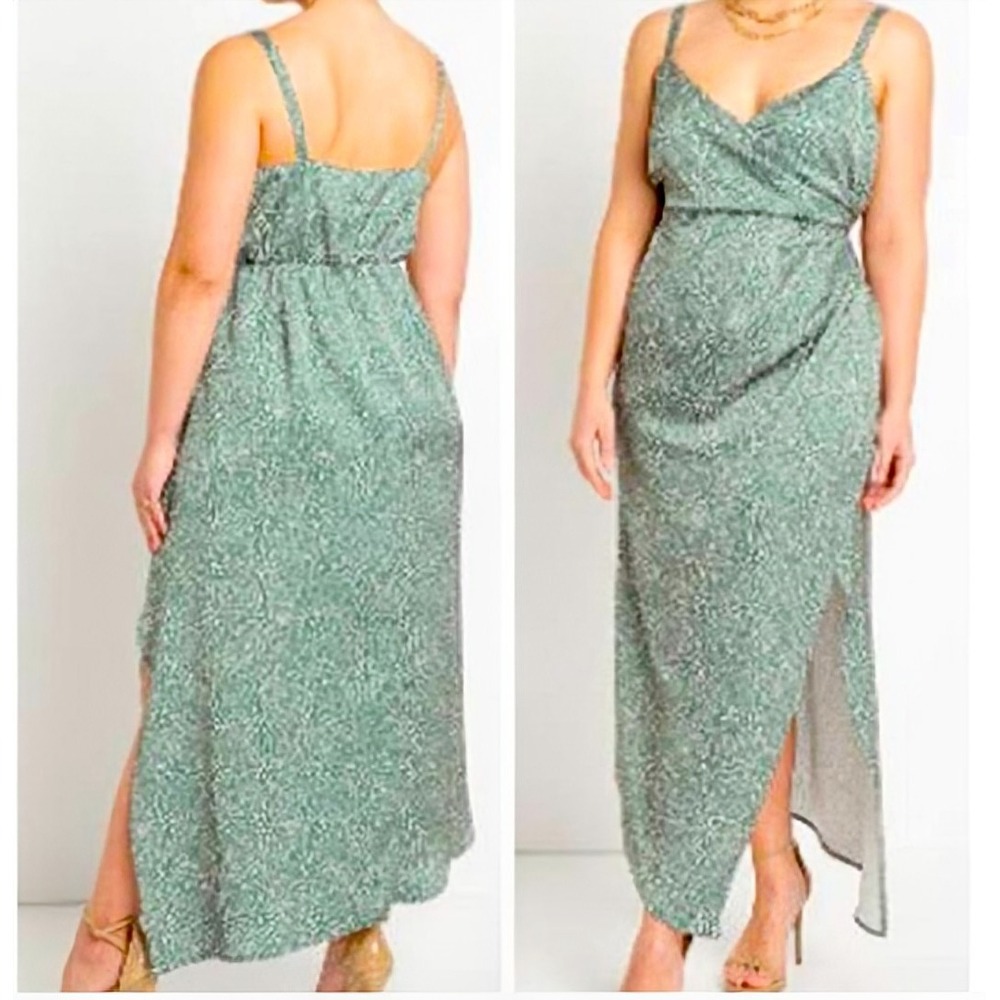 ELOQUII Women's 22 Satin Green Pink Floral Print Sleeveless Maxi Dress Side Slit